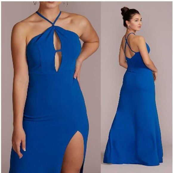 EMERALD SUNDAE Women's Cutout Scuba Crepe Halter Gown Blue Maxi Dress - Picture 1 of 3